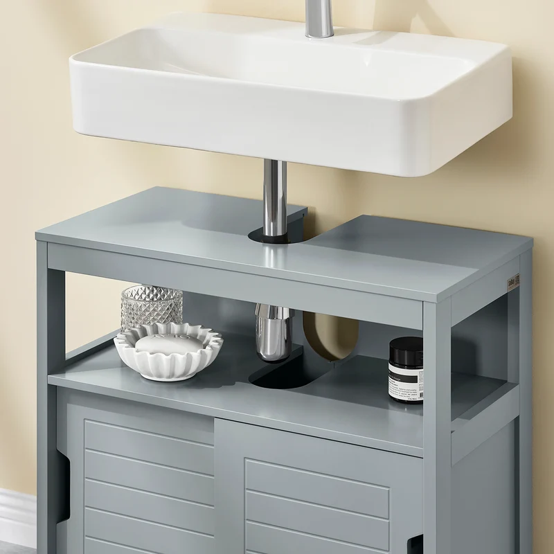 SoBuy FRG128-SG Meuble sous Lavabo avec Portes Coulissantes, Format Compact, Résistant à l’Humidité, pour Salle de Bain et WC – L60×P30×H60 cm, Bois, Gris