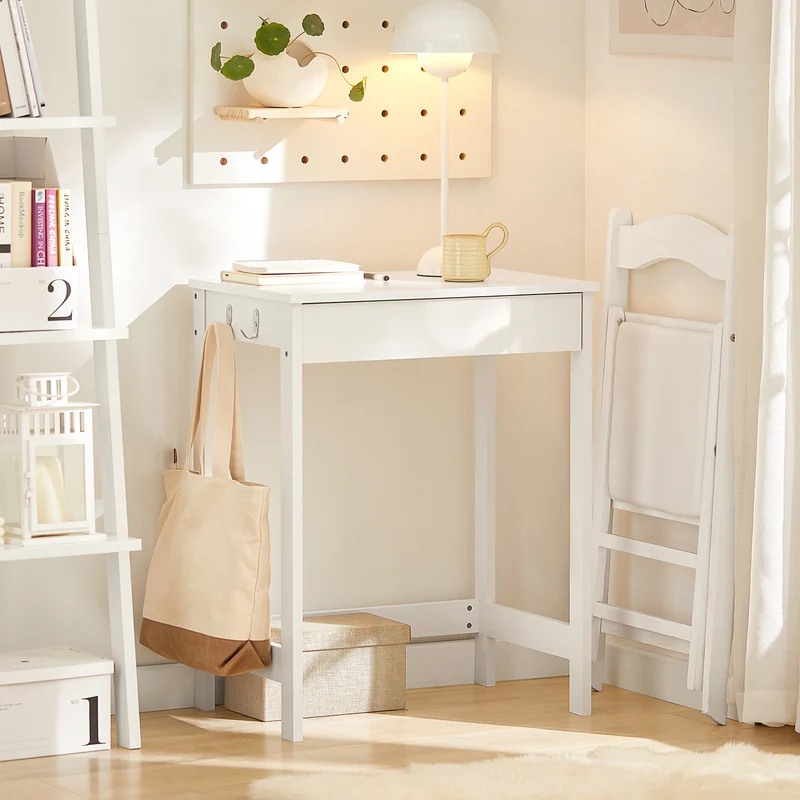 SoBuy FWT43-W Petit Bureau avec 1 Tiroir et 2 Crochets Bureau Gaming avec Etagères de Rangement Desk Multifonctionnel pour Chambre Table Gaming Blanc 60x40x77cm