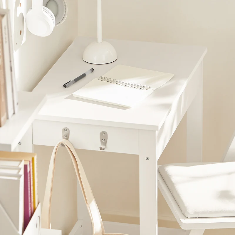 SoBuy FWT43-W Petit Bureau avec 1 Tiroir et 2 Crochets Bureau Gaming avec Etagères de Rangement Desk Multifonctionnel pour Chambre Table Gaming Blanc 60x40x77cm