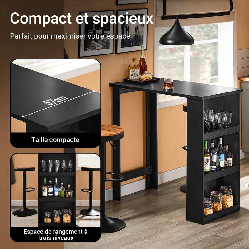 SoBuy FWT17-II-SCH Table de Bar Haute de Cuisine Table Mange Debout pour Petits Espaces, Bar pour Cuisine, Salon, Bureau ou Bar à Café Noire 112 x 57 x 106 cm