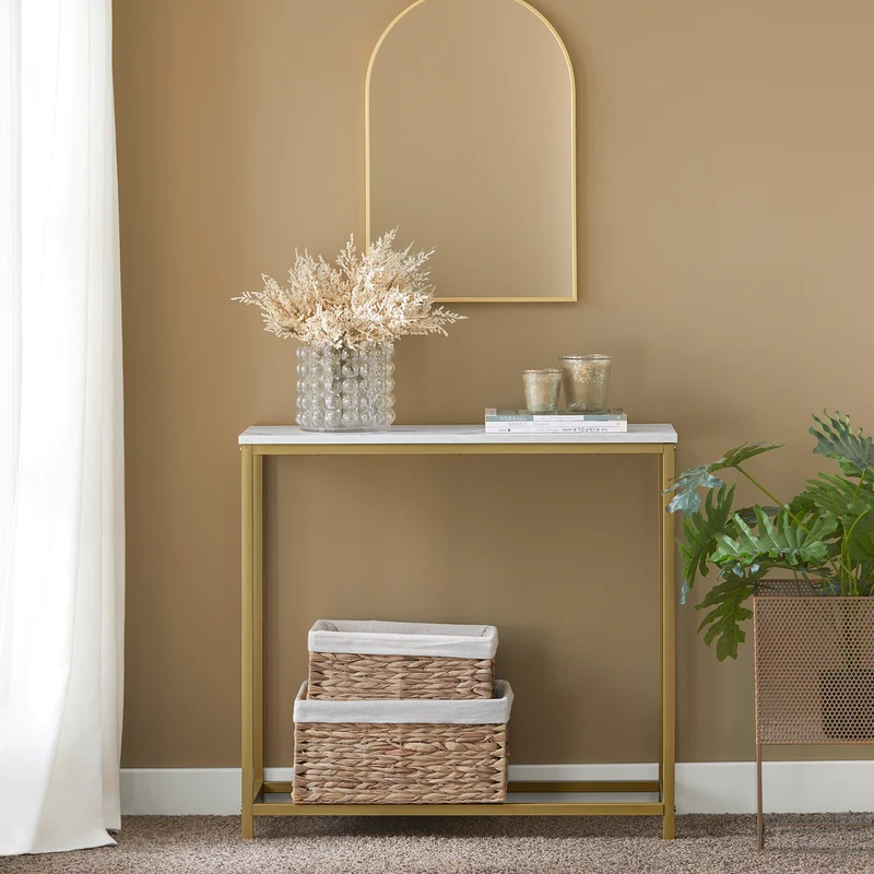 SoBuy FSB29-G Table Console Table d'Appoint Bout de Canapé Table d’Entrée Effet Marbre Cadre et 4 Pieds en Fer Haute Qualité – L80cm x P30cm x H75cm - Doré