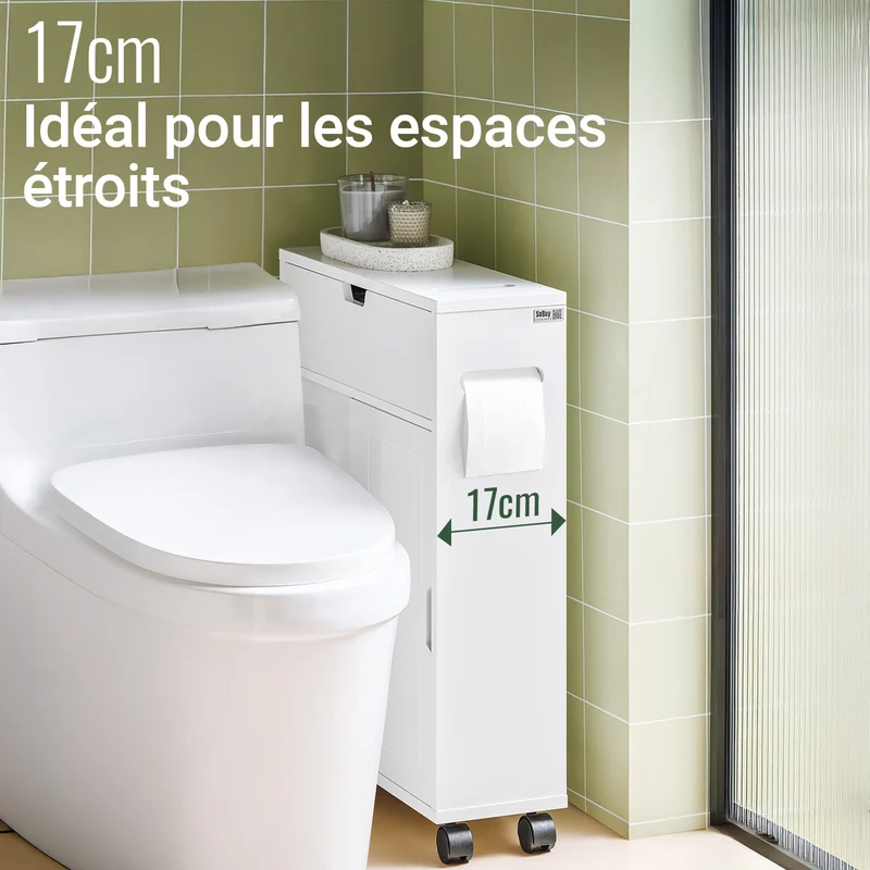 SoBuy BZR31-W Armoire Salle de Bain avec Roulettes et Portes Coulissantes, Gain de Place, Usage Polyvalent, Mobile, Rangement Optimisé – L52×P17×H68 cm, Blanc